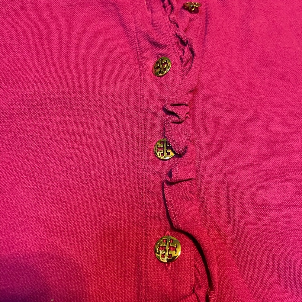 Tory Burch Women's L large Short-Sleeve Ruffle gold buttoned  polo magenta . - Picture 3 of 4